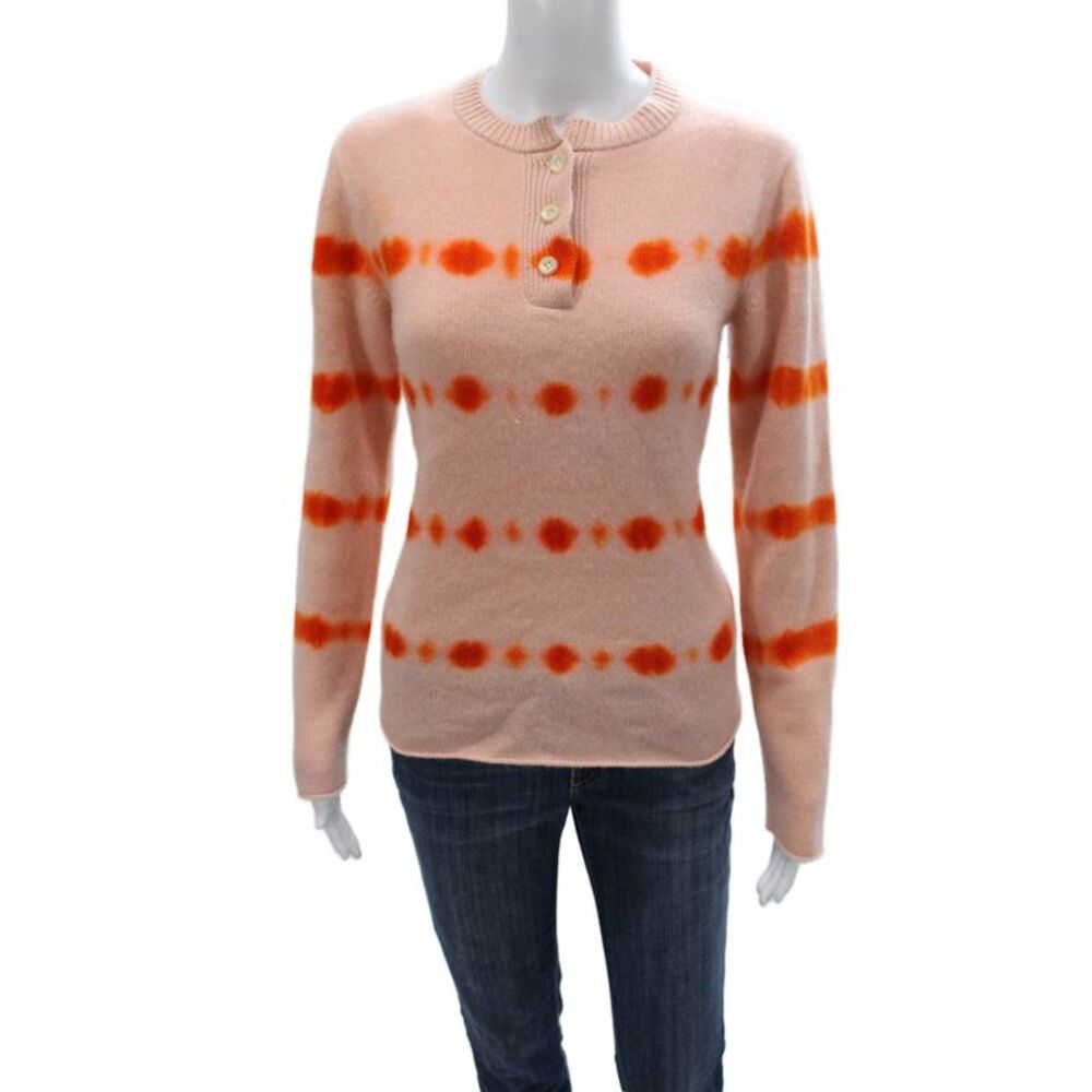 The Elder Statesman Women Pink Cashmere Striped Henley Sweater Size M